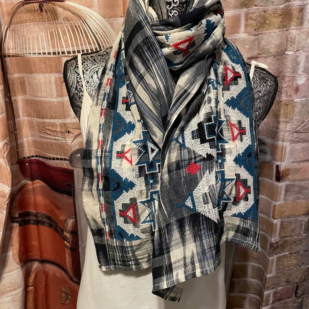 Aztec Inspired Geometric Pattern Scarf Wrap Shawl Black White Red Blue